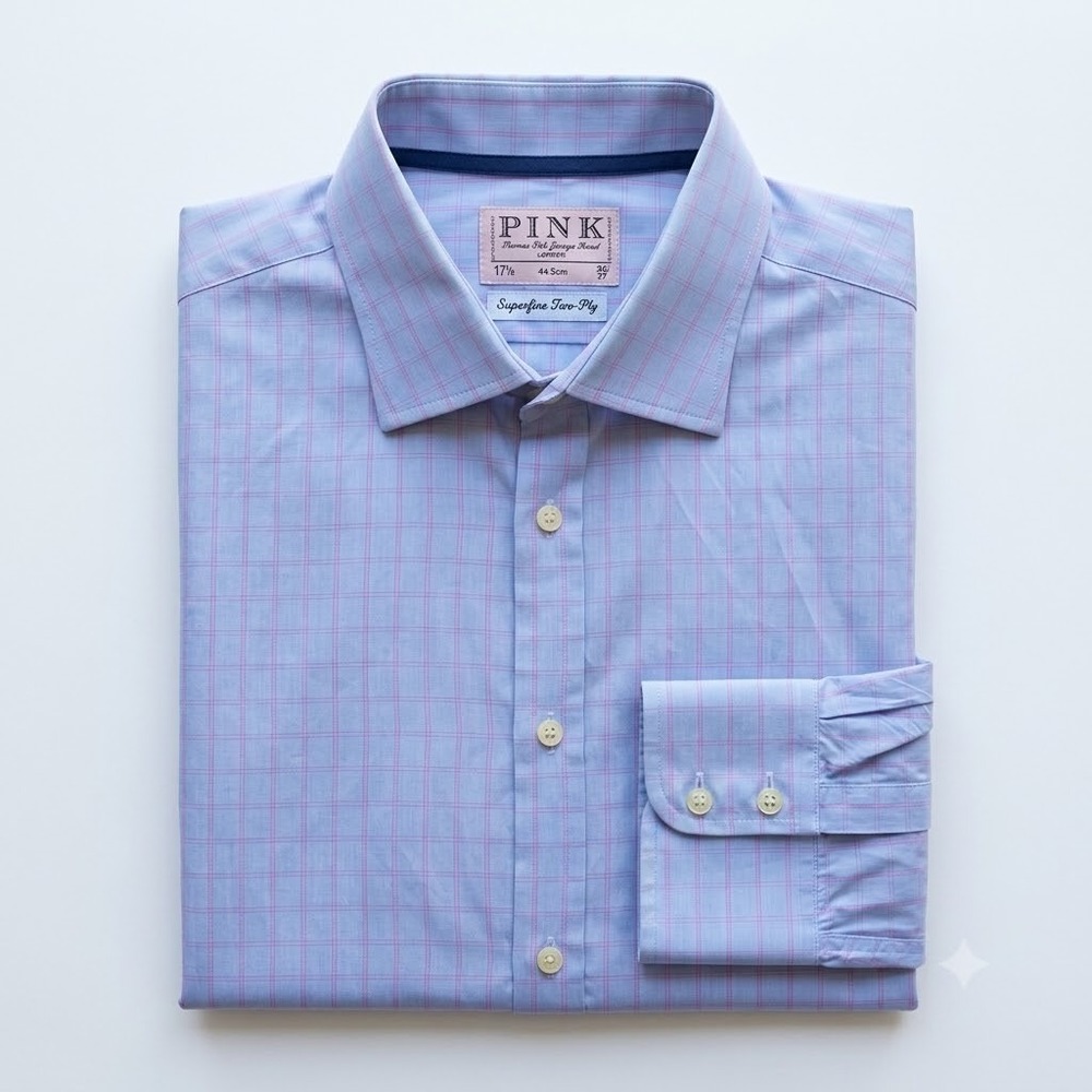 Thomas Pink Superfine Dress Shirt Blue Pink Check Old Money Ivy League Prep